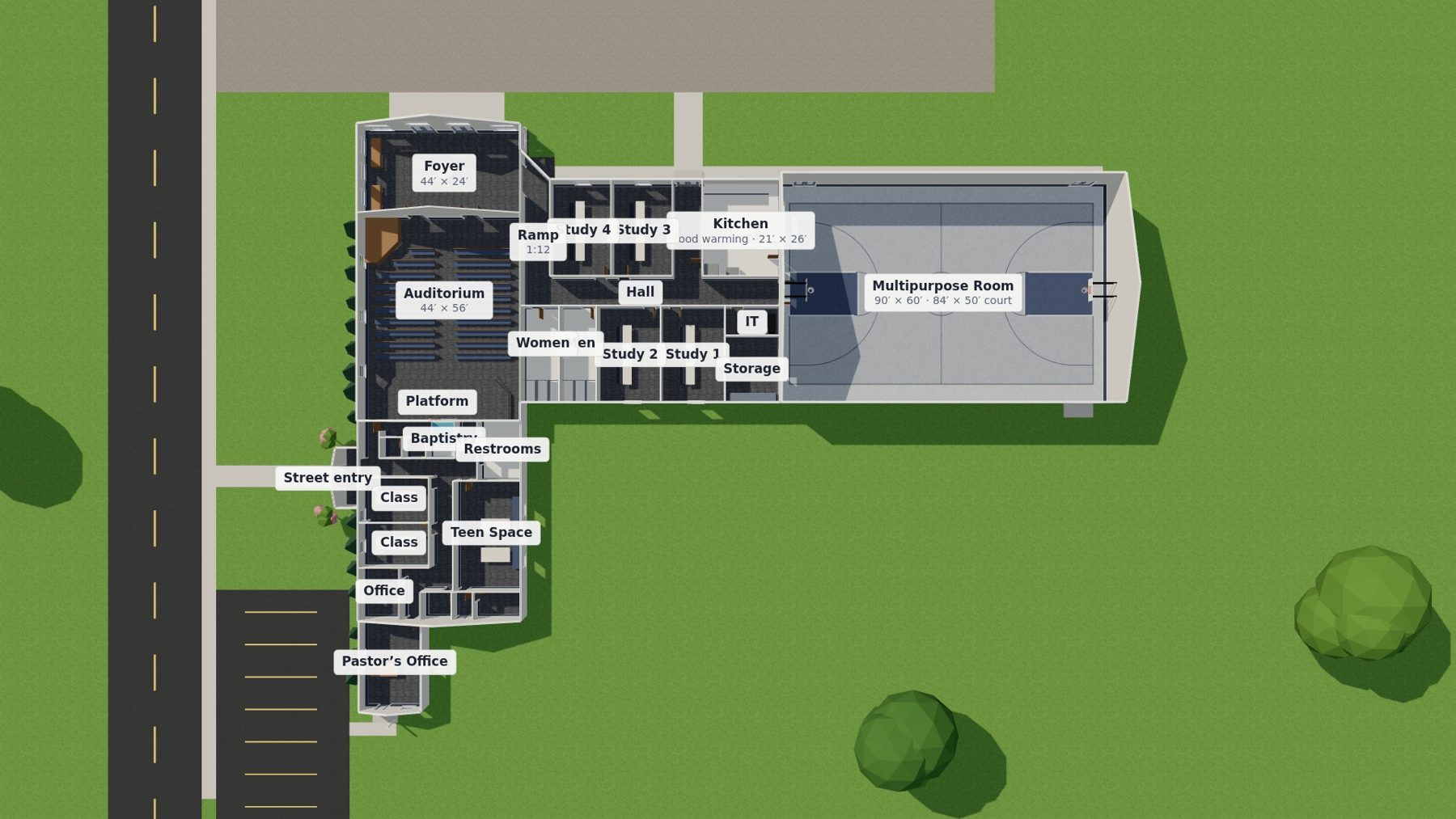 Floor plan showing the existing church and the new wing with foyer, classrooms, kitchen, and multipurpose room