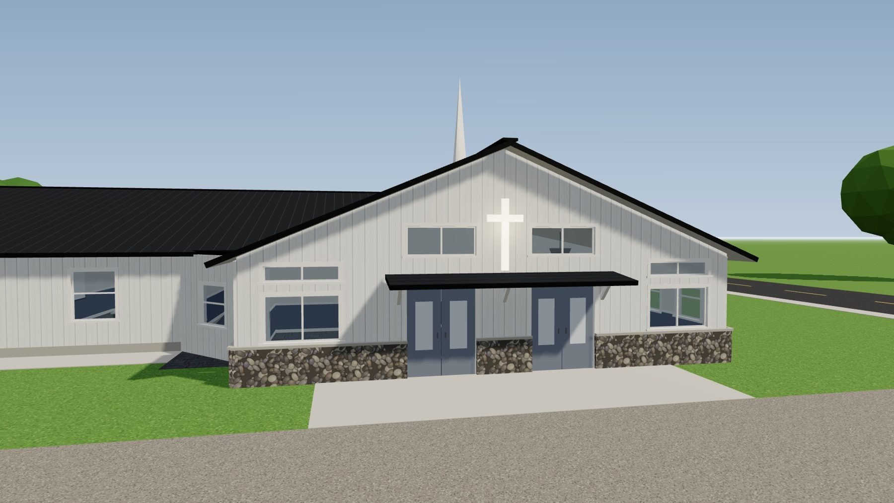 Rendering of the new main entrance with stone front and cross